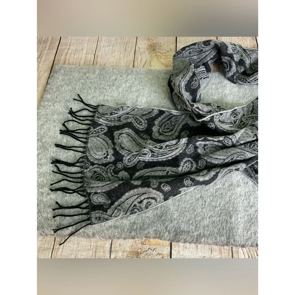 Black & Gray 100% Cashmere Paisley Fringe Scarf